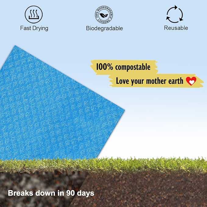 Swedish Dishcloths for Kitchen | 6 Pack Absorbent Cellulose Sponge Cloths Washable | Non-Scratch Reusable Paper Towels Quick Drying Cleaning Cloths - Blue