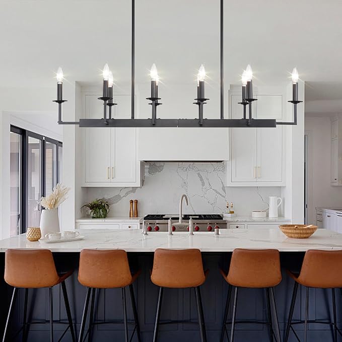 48-Inch Rustic Black Linear Chandelier,Extra Long Candle Chandelier,Black Light Fixture for Dining Room Living Room Kitchen Island, Modern Rectangular Chandelier(10-Light,Bulbs Not Included)