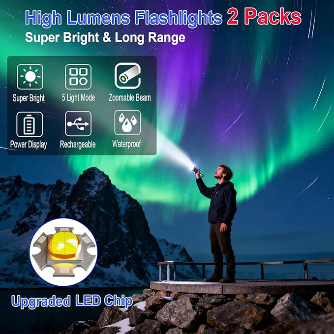 Rechargeable LED Flashlight High Lumens , Waterproof Zoomable Tactical Flashlights, 5 Modes High Powered Flash Light ,Small Handheld Adjustable Bright Flash Light for Home , Emergency Outdoor 2 Pack