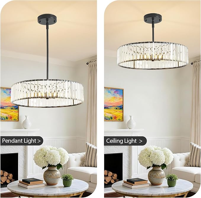 Modern Black Crystal Chandelier for Dining Room,5-Light Semi Flush Mount Ceiling Light Fixtures,20in Bedroom Fixture, Round Kitchen Hanging Drum Pendant Lights for Living Room Foyer