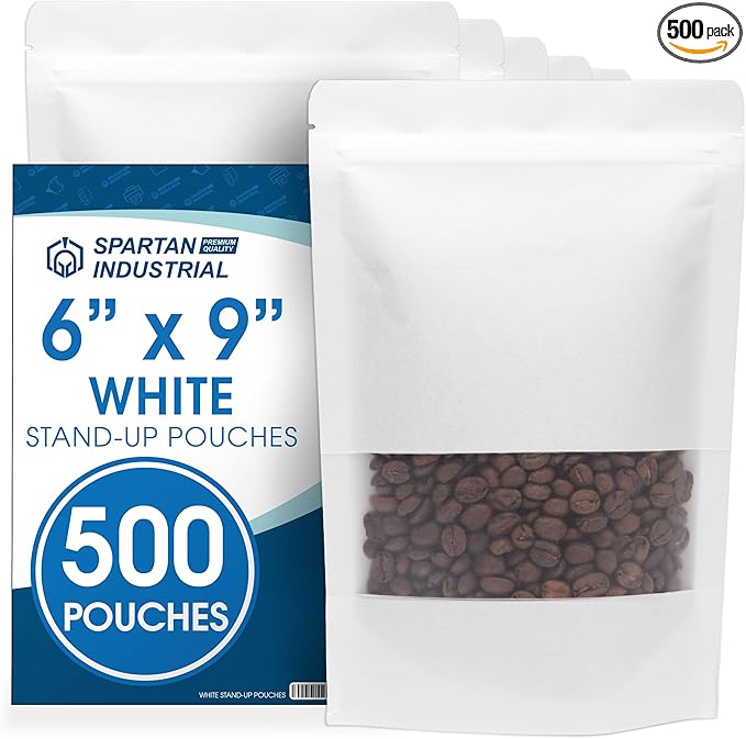 Spartan Industrial - 6" X 9" White Zip Top Food Bags - Pack of 500 Resealable Smell-Proof Pouches for Packaging Coffee, Tea, Spices, Snacks, and More