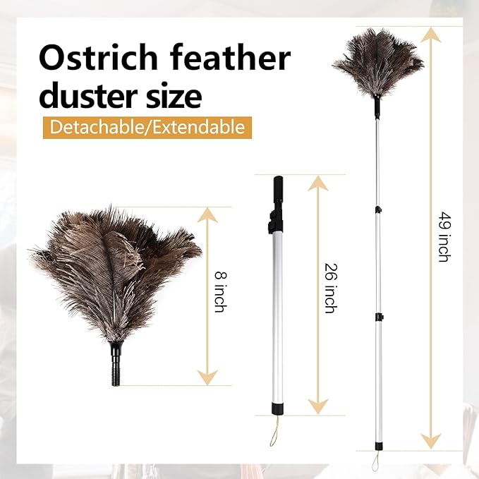 Ostrich Feather Duster 26-49 Inch | Extendable Feather Duster with Aluminum Pole | Long Feather Duster for High Ceilings, Fans & Delicate Cleaning