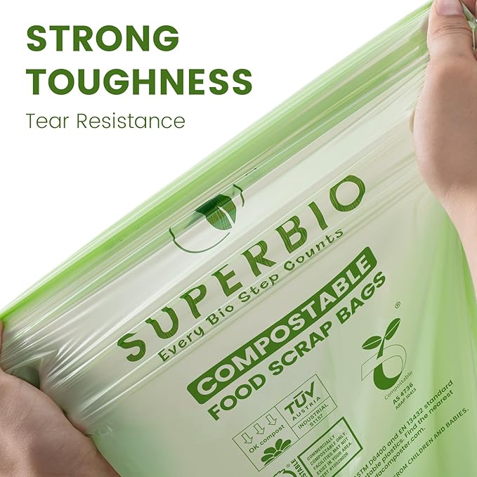 SUPERBIO 13 Gallon Compostable Kitchen Waste Bags with Handles, Food Scrap Bags Certified by BPI, OK compost INDUSTRIAL, 30 Count, 49.2L
