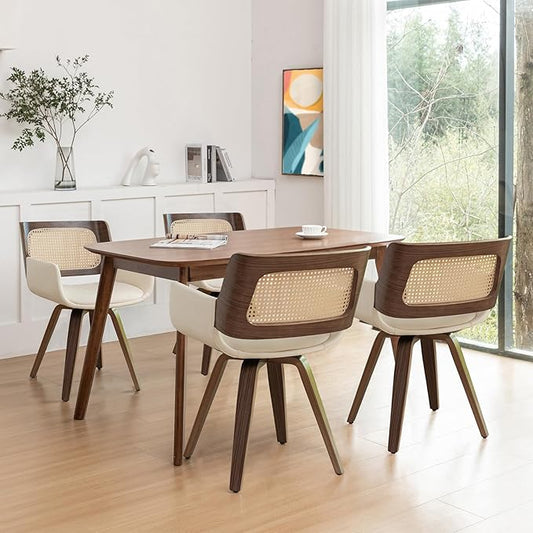 Set of 4 Swivel Dining Chairs - Swivel Walnut Dining Chairs with Ergonomic Cane Back, Bentwood Frame, Curved Arms, MCM Dining Chair for Kitchen/Conference/Restaurant/Living Room (Walnut Beige)