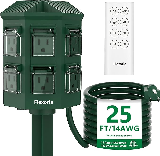 Outdoor Power Stake Timer, Remote Control Dusk to Dawn Light Timer, 25FT Extension Cord Waterproof, 6 Grounded Outlets for Outdoor Christmas Decorations, ETL Listed