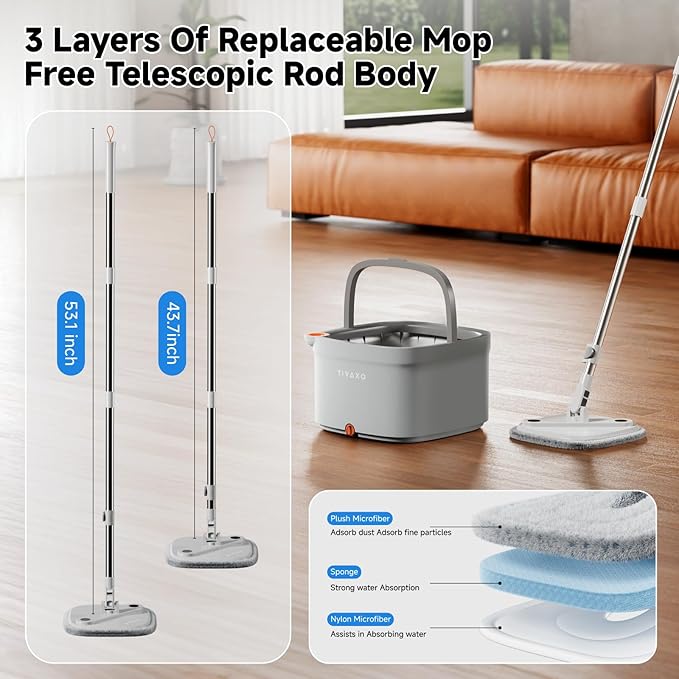 Mop and Bucket Set, Spin Mop with Self Seperates Dirty Water System, Square Mops for Floor Deep-Cleaning, 360 Rotating Mop Head for Hardwood Tile Marble, Versatile Mops for Walls (Mop Set with 4 Pads)