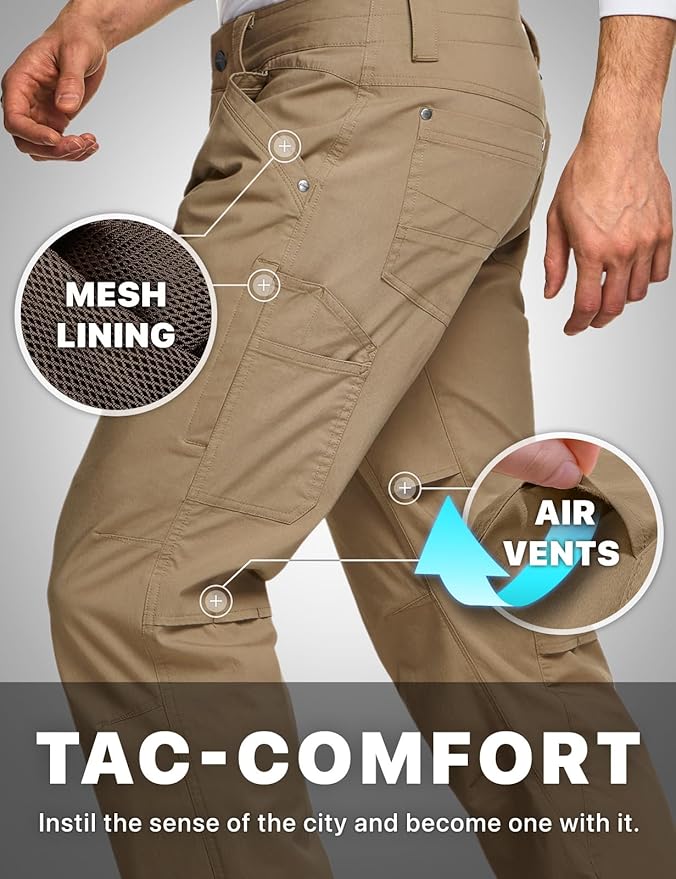 CQR Men's Vent Stretch Pants, Quick Dry Lightweight Casual Cargo Pants, Water Resistant Straight-Fit Utility Work Pants