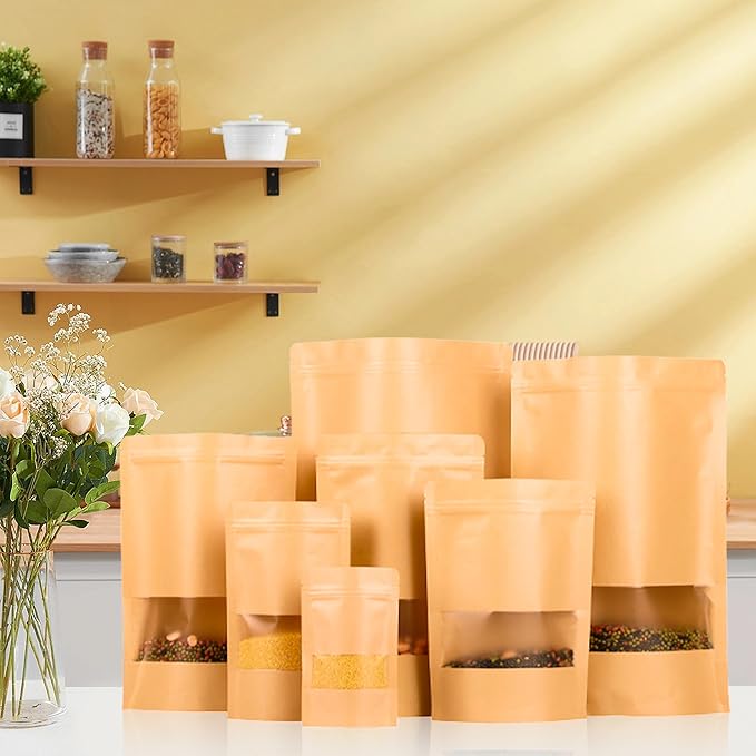 100PCS Kraft Paper Bags with Window(6.3" X 8.7"), Resealable Paper Bags for Food Storage, Stand Up Treat Bag Reusable for Candy, Cookie, Heat Seal Paper Bag for Small Business