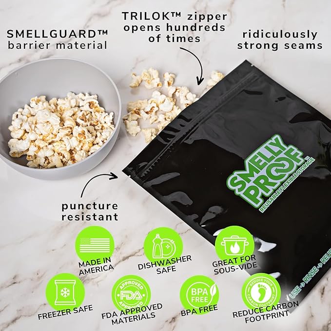 50pk 4-MIL Thick HEAVY DUTY Smelly Proof Reusable Bags Black, Washable Bags, US-Made BPA Free, No PEVA, Non-Silicone, Reusable Food Storage Bags, 50 x Reusable Freezer Bags, Quart 8.5" x 10"