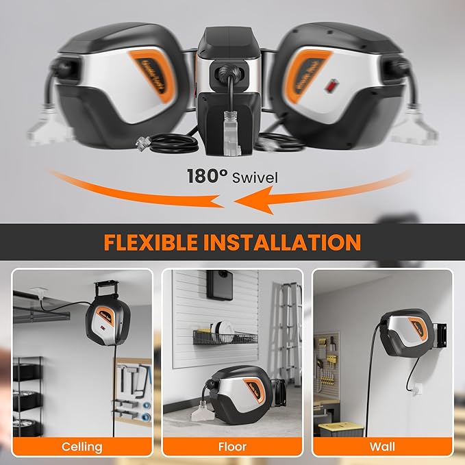 Giraffe Tools DE14 Retractable Extension Cord Reel 50 ft 14/3AWG Power Cord Storage Reel Wall/Ceiling Mount, Lighted Triple Tap Outlet, 50ft, Black Orange