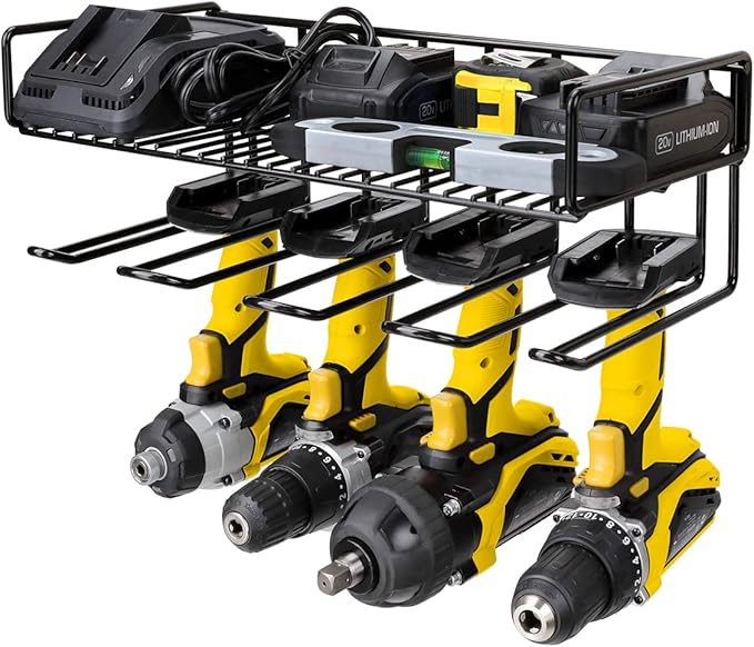 Heavy Duty Tool Organizer, 16"W x 7.48"H x 5.51"D, 4 Wall Mount Anchors, 3.95" Between Slots, Sturdy Steel Construction, Ideal for Power Tools
