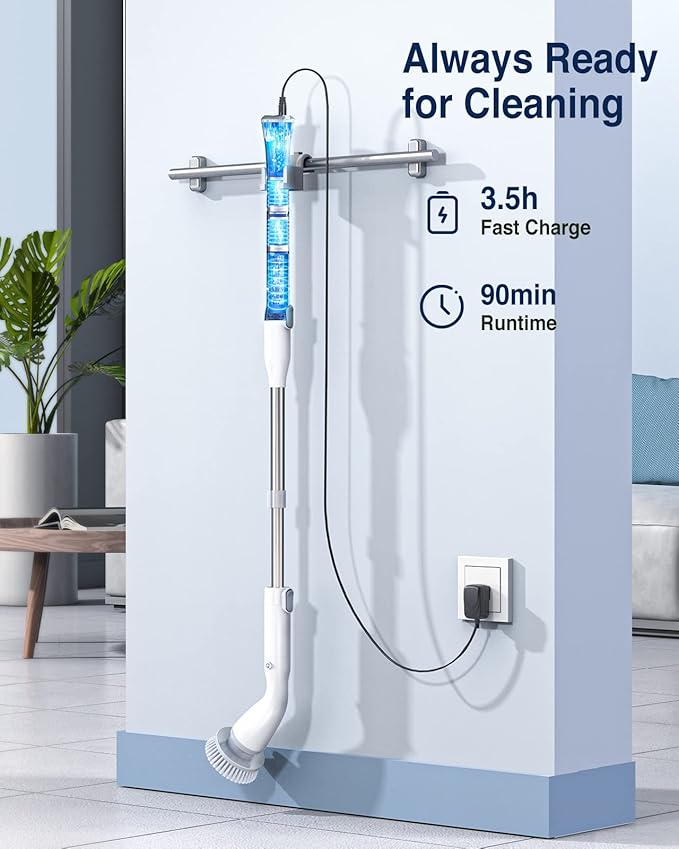 LABIGO Electric Spin Scrubber, Cordless Cleaning Brush Scrubber with 7 Replaceable Brush Heads and Adjustable Extension Handle, IPX7 Waterproof Power Cleaning Brush for Bathroom Tub Floor Tile Shower