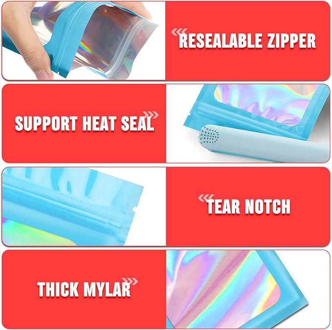 Funfery 300 Pack 3 Size Mylar Holographic Bags with Clear Window,Resealable Bag Smell Proof Foil Baggies Packaging Pouch for Food Storage,Sample,Small Business(Blue,3x4.7,4x6,4.7x7.9in)