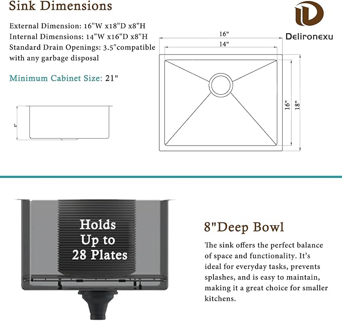 16 Inch Bar Sink Undermount – Delironexu 18 Gauge Stainless Steel Small Kitchen Sink, 16"x18"x8" Small Bar Sinks, Wet bar sink with Brushed Finish for Outdoor, RV, and Prep Use