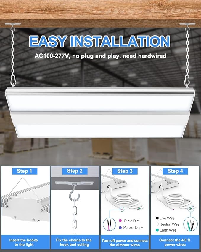 ADUB 4 Pack 200W LED High Bay Shop Light 30000LM, 1.63 FT LED Linear High Bay Light Dimmable 0-10V, 5000K Hanging Shop Light, UL DLC Listed Commercial Bay Light for Warehouse Factory Garage, 100-277V