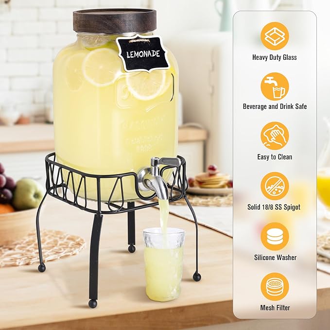 Mustry Glass Drink Dispenser for Parties, 1 Gallon Beverage Dispenser with Stand and Spigot Solid Stainless Steel, Used as Lemonade Dispenser Sun Tea Jar Kombucha Jar