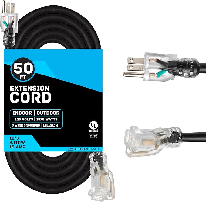 12 Gauge Outdoor Extension Cord 50 ft, SJTOW Oil Resistant & Flame Retardant, 12/3 Black Heavy Duty Extension Cord 50ft with 3 Prong for Farm, Ranch, Workshop, Major Appliances