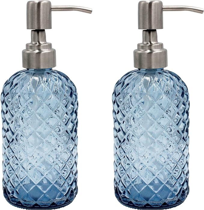 16 Oz Soap Dispenser with 304 Rustproof Stainless Steel Pump, Kitchen, Bathroom Soap Dispenser， Refillable Liquid Glass Soap Dispenser for Hand Soap, Soap, Lotion. (Blue-2pack)