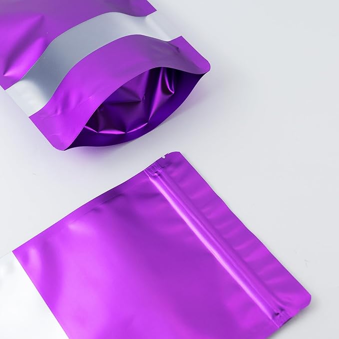 4CP 100 Pcs Purple Zipper Smell Proof Bags with Window, 6.3x9.5 Inch Stand Up Foil Pouches for Food Selfsealing Storage, Reusable Bag for Packaging Small Business, Cookies, Nunt, Candy
