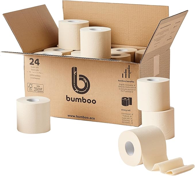 Bumboo Bamboo Toilet Roll 24 Pack | Unbleached Toilet Paper 3 ply, 300 Sheets | Eco Toilet Rolls | Plastic-Free, Soft, Strong & Sustainable Toilet Tissue, Beige