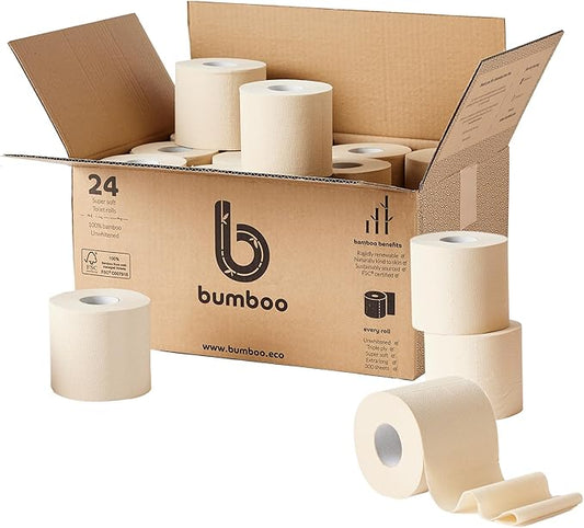 Bumboo Bamboo Toilet Roll 24 Pack | Unbleached Toilet Paper 3 ply, 300 Sheets | Eco Toilet Rolls | Plastic-Free, Soft, Strong & Sustainable Toilet Tissue, Beige