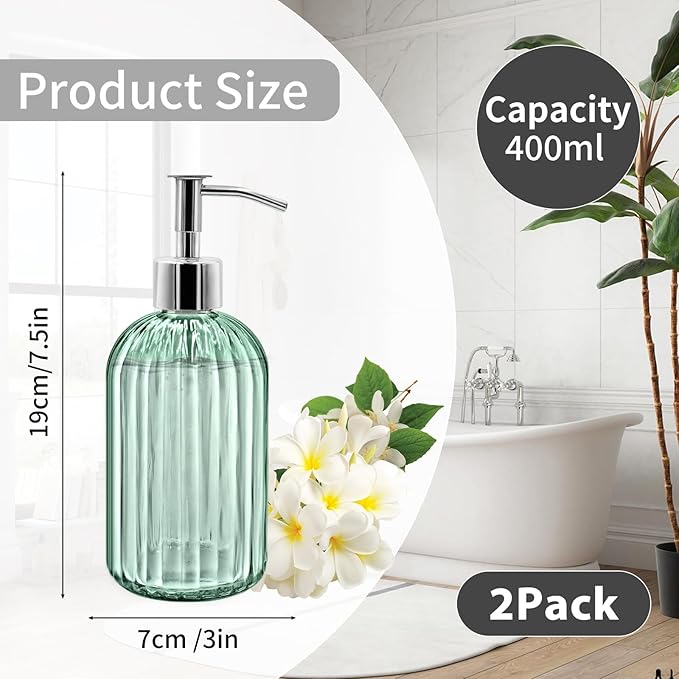 2 Pack Glass Soap Dispenser Bottle with Pump, 14 Oz Refillable Liquid Hand Jar Dispenser for Bathroom, Countertop, Kitchen, Laundry Room (Light Green)
