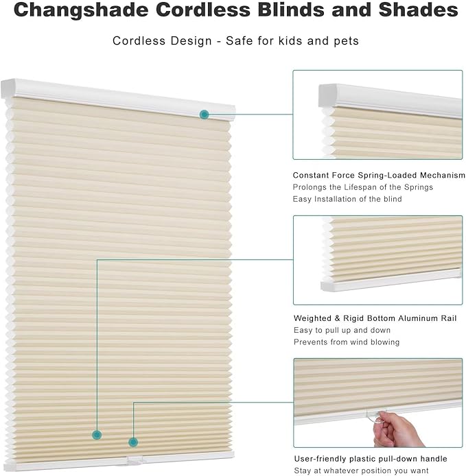 Changshade Cordless Cellular Shades, Light Filtering Honeycomb Shades for Windows, Pull Down Pleated Blinds, Easy to Install for Indoor Windows and French Doors,32" W x 50" H, Grey