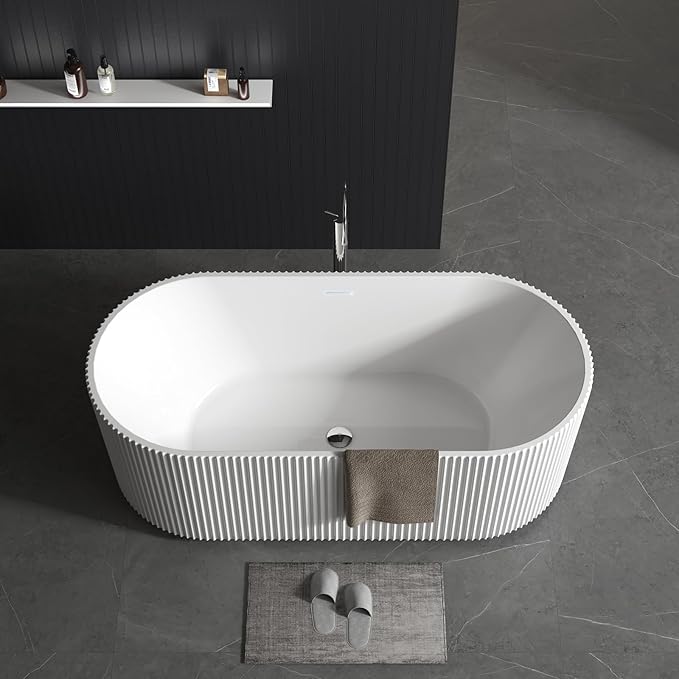 Acrylic Freestanding Bathtub, Deep Soaking Tub with Non-Slip Base, CUPC Certified Free Standing Tub, Chrome Drain Bath Tub, Modern Tub for Bathrooms, White, 59Inch