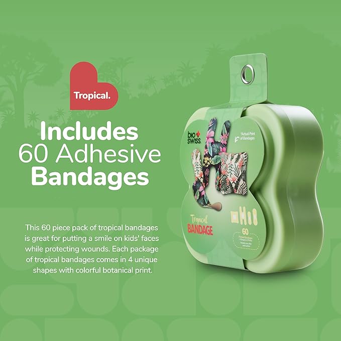 BioSwiss Kids Bandages, Assorted Size Tropical Print Shaped Self Adhesive Bandage Set, Latex Free Sterile Wound Care, 60 Count
