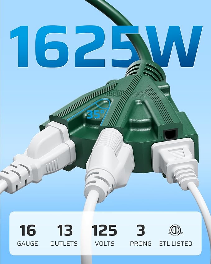 DEWENWILS 10FT Outdoor Extension Cord Christmas, Green Extension Cord 13A/1625W, 16/3 SJTW Power Cable with Multiple Outlet Weatherproof Decor Landscaping String Lights, ETL Listed, 1 Pack