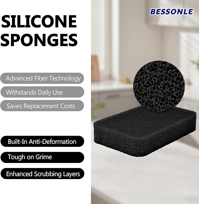 8 Pack Silicone Scrubbing Sponges, Heavy-Duty, Non-Scratch Kitchen Sponges - Reusable, Odor-Free, Perfect as for Cleaning Dishes, Non-Stick, Countertops (Black)