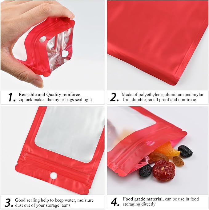 100 Pack Resealable Plastic Bags for Food Storage, Zipper Bags with Clear Front Window, Packaging Pouch for Small Business (Red, 3x8.8 inch)