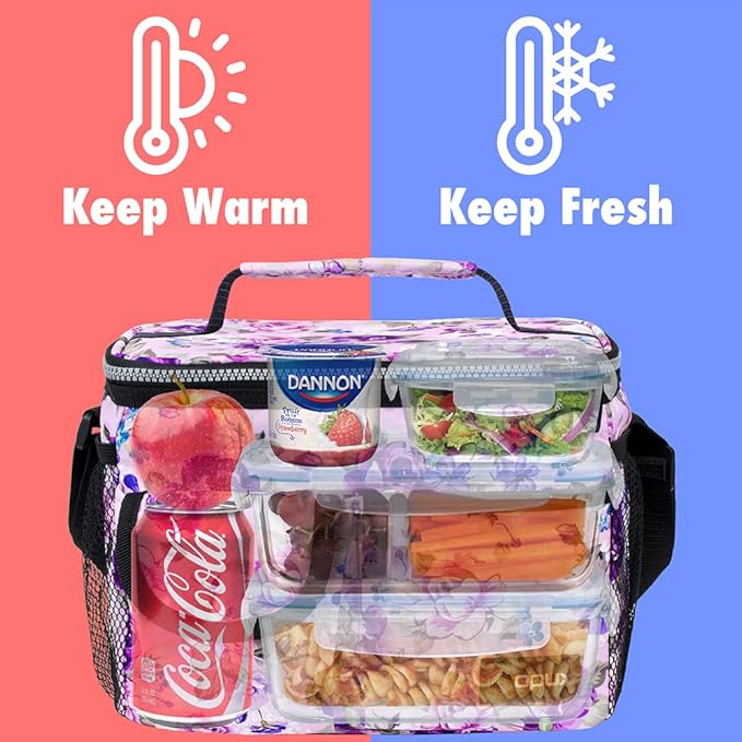 opux Insulated Lunch Bag for Men Women, Leakproof Floral Purple Lunch Box for Work, Portable Soft Lunch Cooler Bag with Shoulder Strap, Adult Lunchbox Lunch Pail for Kid Boy Girl School, 14 Can/8L