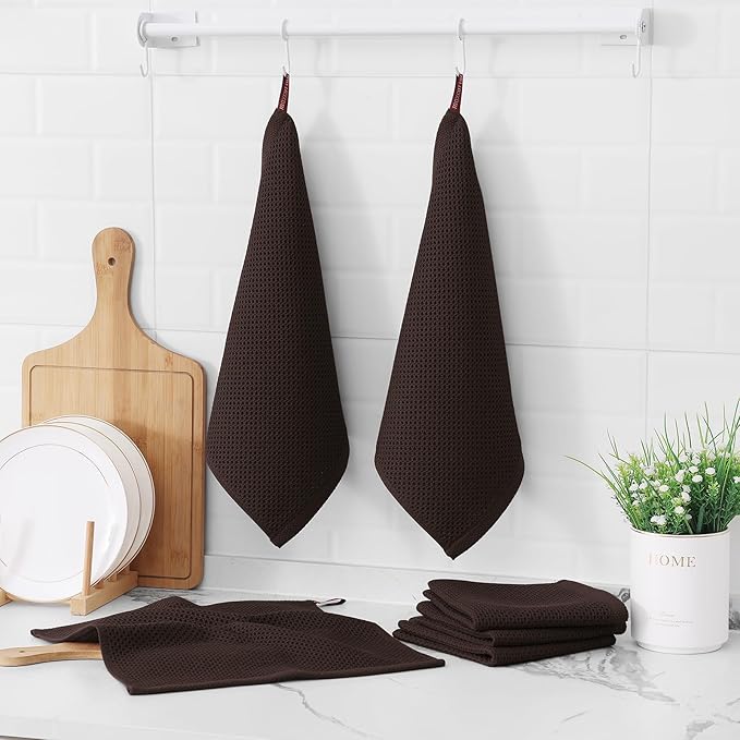 Kitinjoy 100% Cotton Kitchen Dish Cloths, 8 Pack Waffle Weave Ultra Soft Absorbent Dish Towels for Drying Dishes Quick Drying Kitchen Towels Dish Rags, 12 X 12 Inches, Dark Brown