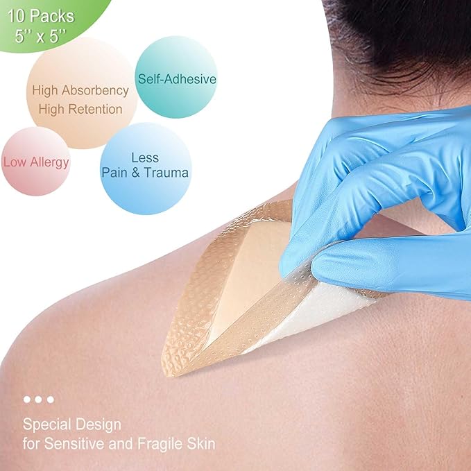 NeuHeils Silicone Super Absorbent Wound Dressing 5''x5'' 10 Packs, Self-Adhesive Waterproof Bandage with Ultrasorb Polymer Pad for Heavy Exudates Wound