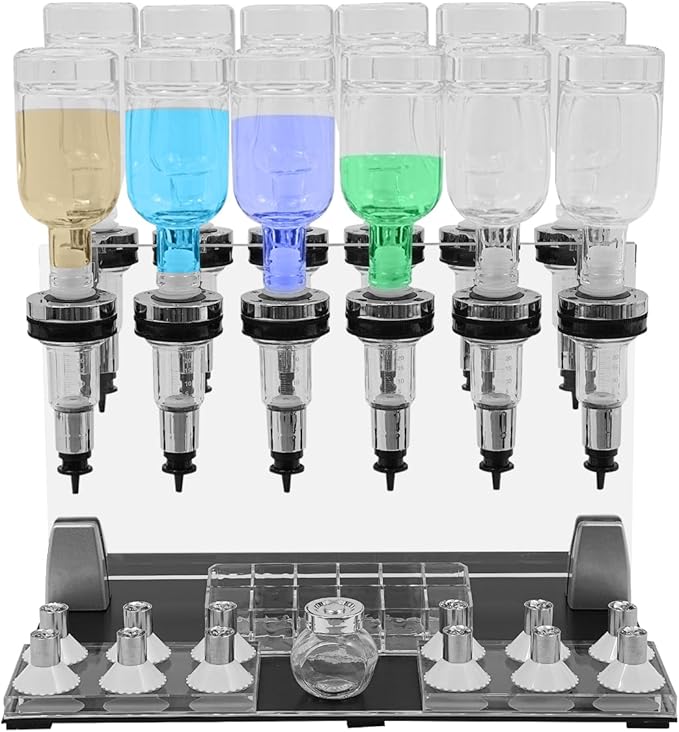 Manual Perfume Dispenser 12 Bottle Station, Liquid Filling Machine Transfer Kit with 12 Pump Heads and 12 Testing Cups for Stores and Bars