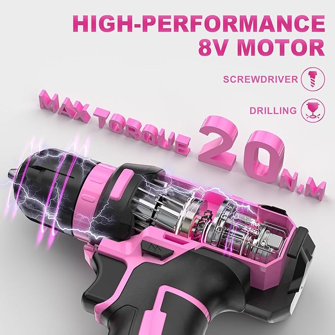 8V Cordless Drill Driver Set - 3/8" Keyless Chuck, 15pcs Drill Bits Included, Built-in LED Light for Drilling & Screwing, Comes with Toolbox for Storage (Pink)