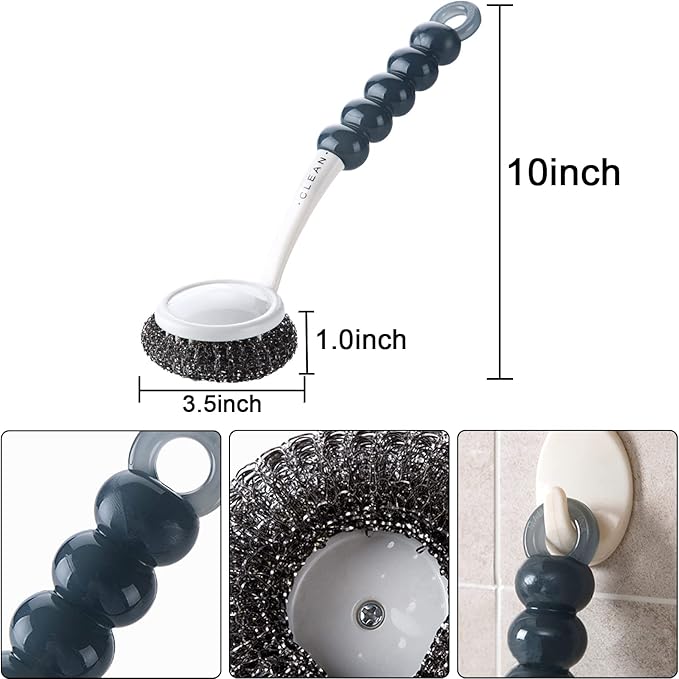 Stainless Steel Scrubber with Handle，Heavy Duty Cleaning Supplies for Pots, Pans, Grills, Ovens & Other Tough Jobs (5P)
