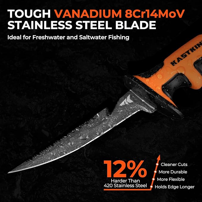 KastKing Ultimate Angler 5" Bait Knife, Razor Sharp Corrosion-resistant Vanadium Stainless Steel Blade, Fishing Knife with Dual Edge & Non-slip Handle, Includes Sheath with Sharpener & Carabiner