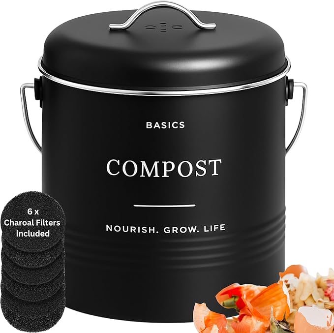 D'Lifeful Kitchen Compost Bin – 1.3 Gallon Countertop Farmhouse Compost Container with Lid – Odorless Indoor Food Scrap Pail with 6 Charcoal Filters – Eco-Conscious and Easy to Clean - Black