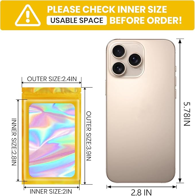 Funfery 100 pcs Gold Mylar Holographic Resealable Bags,Clear Packaging Bag Odor Proof Foil Pouch Bag for Food Storage, Lipgloss, Jewelry, Eyelash Packaging for Small Business - 2.4 x 3.9Inch