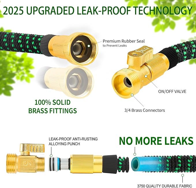 50 FT Garden Expandable Hoses - New Upgrated 2025 Flexible Water Hose - Kink-less Car Wash Pipes with Solid Brass Connector, Leakproof Lightweight Expanding Hoses for Yard,Pet