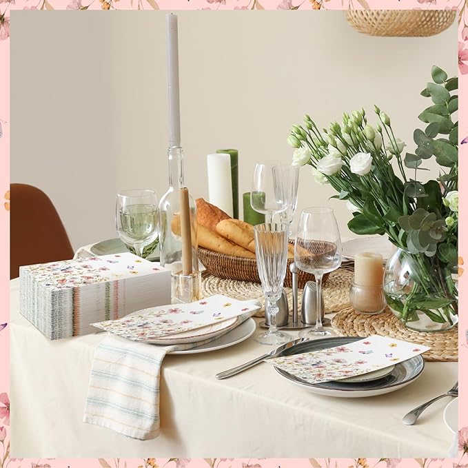Jetec 200 Pcs Floral Disposable Hand Towels for Bathroom Spring Floral Guest Napkins 2 Ply Flowers Bathroom Guest Towel Napkins Spring Disposable Guests for Birthday Holiday Tea Dinner Party
