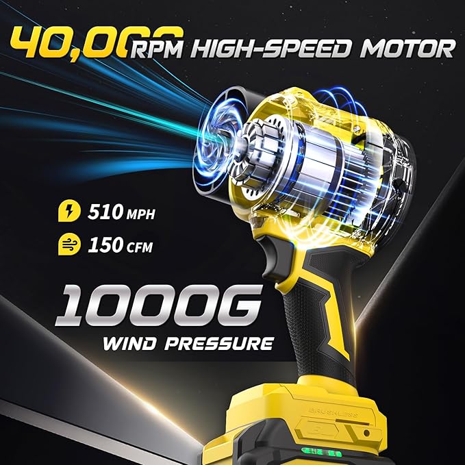 Leaf Blower with 2 X 4.0Ah Battery and Charger, 20V Cordless Blower for Lawn Care, & House Cleaning, 40,000 RPM Jet Blower, Extended Nozzle & Earbuds Included, Yellow