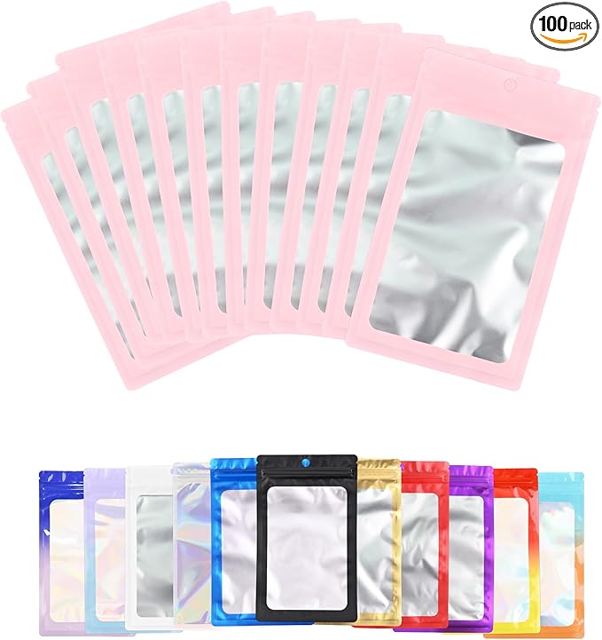 100 Pack Resealable Plastic Bags for Food Storage, Zipper Bags with Clear Front Window, Packaging Pouch for Small Business (Pink, 2.4x3.9 inch)