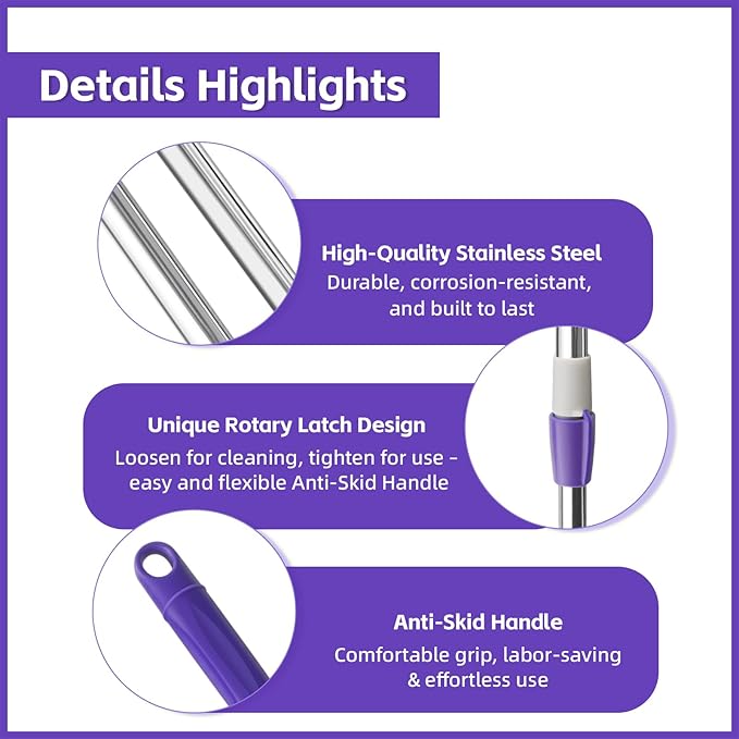 Spin Mop Replacement Handle, 47.6-inch 360 Degrees Rotating Telescopic Replacement Mop Stick with a Robust Stainless Steel Disc for Spin Mop Bucket Cleaning System (Stainless Steel Disc,Purple)
