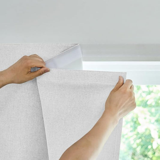 100% Blackout French Door Curtain,Adhesive, No Drilling Required,Small Curtains Designed for Installation On Doors (Grayish White - W25 × L40 in)
