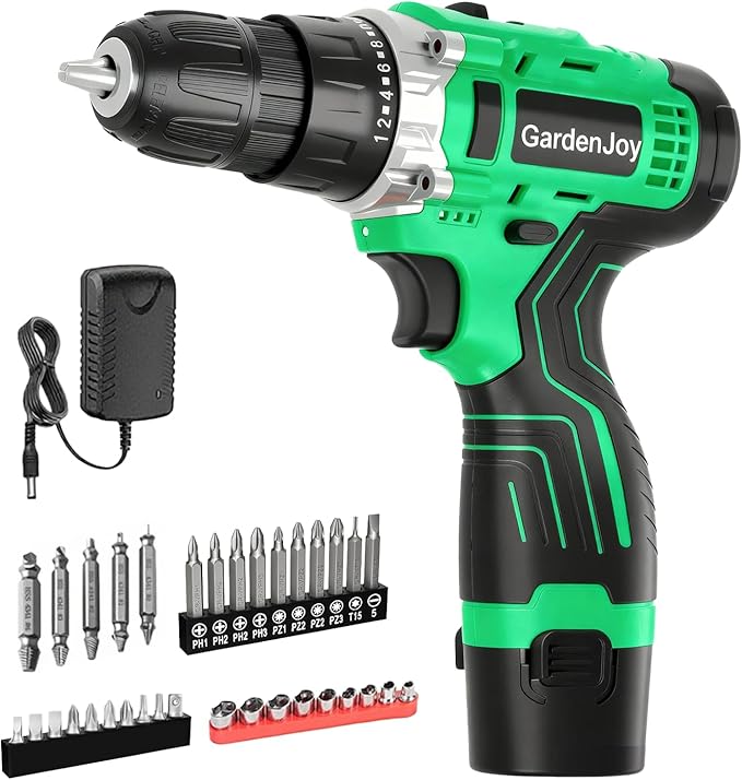12V Cordless Power Drill Set, Electric Drill with Battery and Charger, 35pcs Acessories, 3/8"Keyless Chuck, 2 Variable Speed, 24+1 Position, Compact Drill Driver Kit for Home & DIY Project(green）