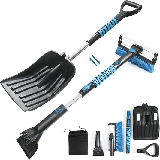 Extendable Snow Brush with Ice Scraper Telescopic Snow Shovel for Driveway Ice and Snow Removal Tool Kit for Car Truck Vehicle Emergency Use in Winter Snowy Storm (Shovel Brush Scraper Set)