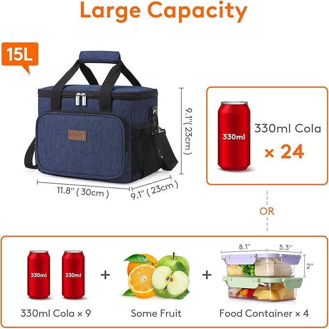 Lifewit Large Lunch Bag Insulated Lunch Box Soft Cooler Cooling Tote for Adult Men Women, Dark Blue 24-Can (15L), 11.8" × 9.1" × 9.1"